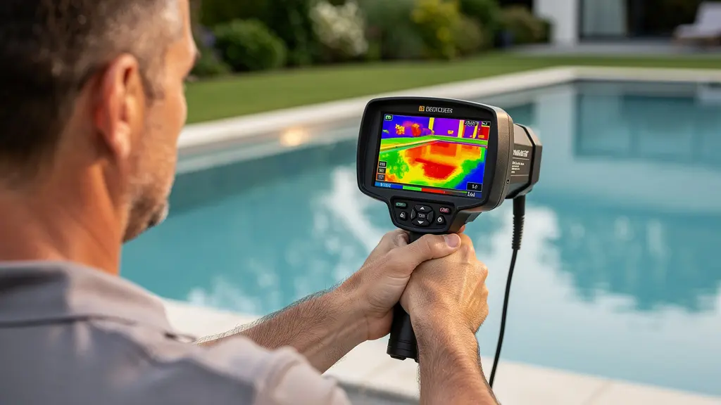 Technicien utilisant une caméra thermique pour détecter une fuite près d'une piscine