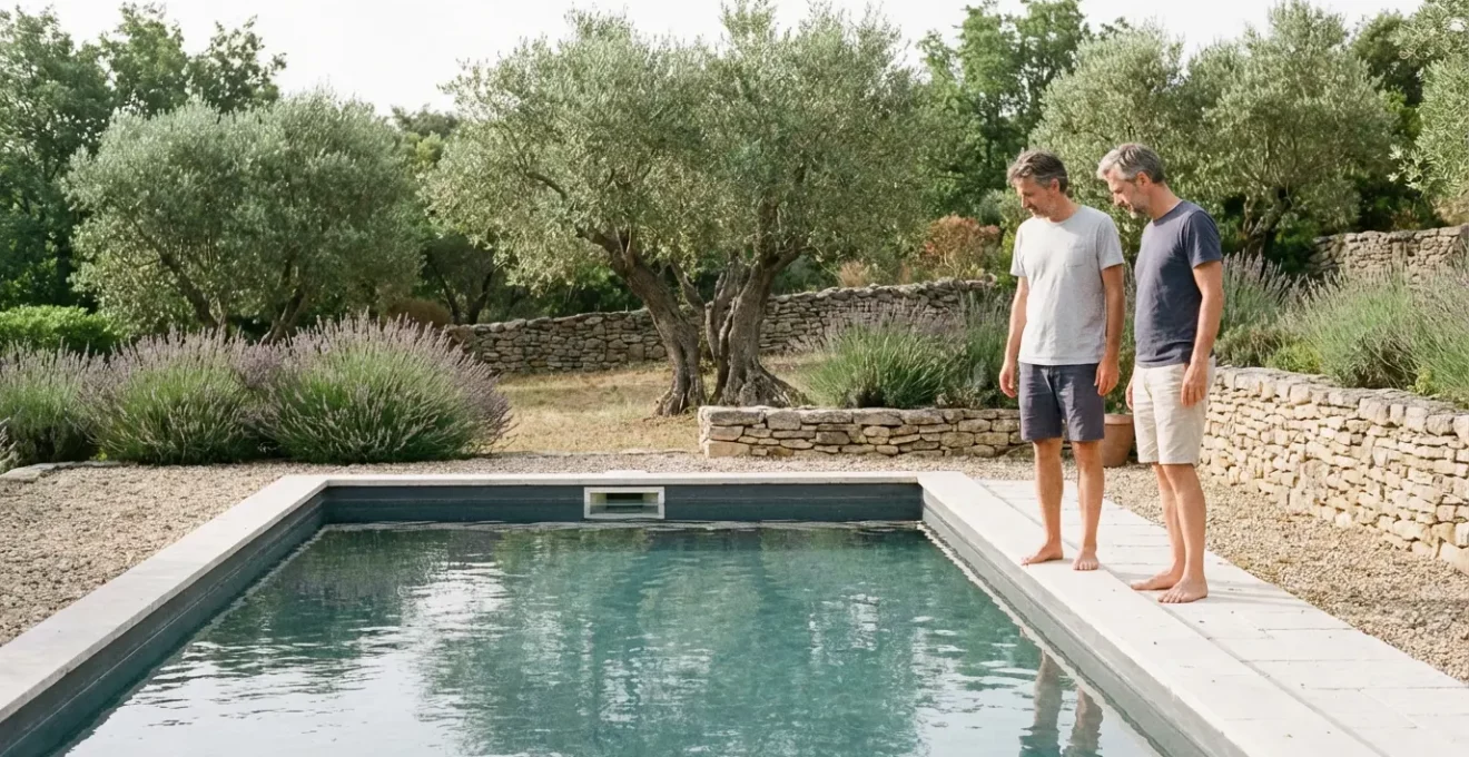 Piscine enterrée avec liner gris dans jardin provençal ensoleillé