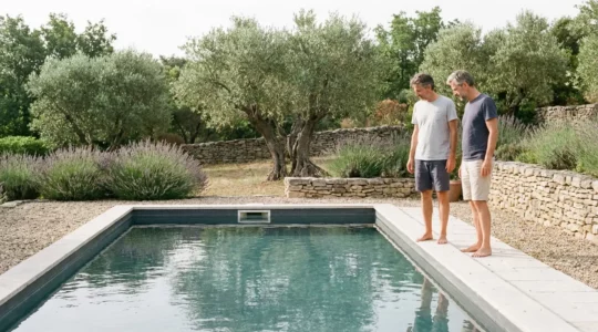 Piscine enterrée avec liner gris dans jardin provençal ensoleillé