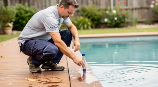 Technicien spécialisé inspectant le bord d'une piscine enterrée résidentielle