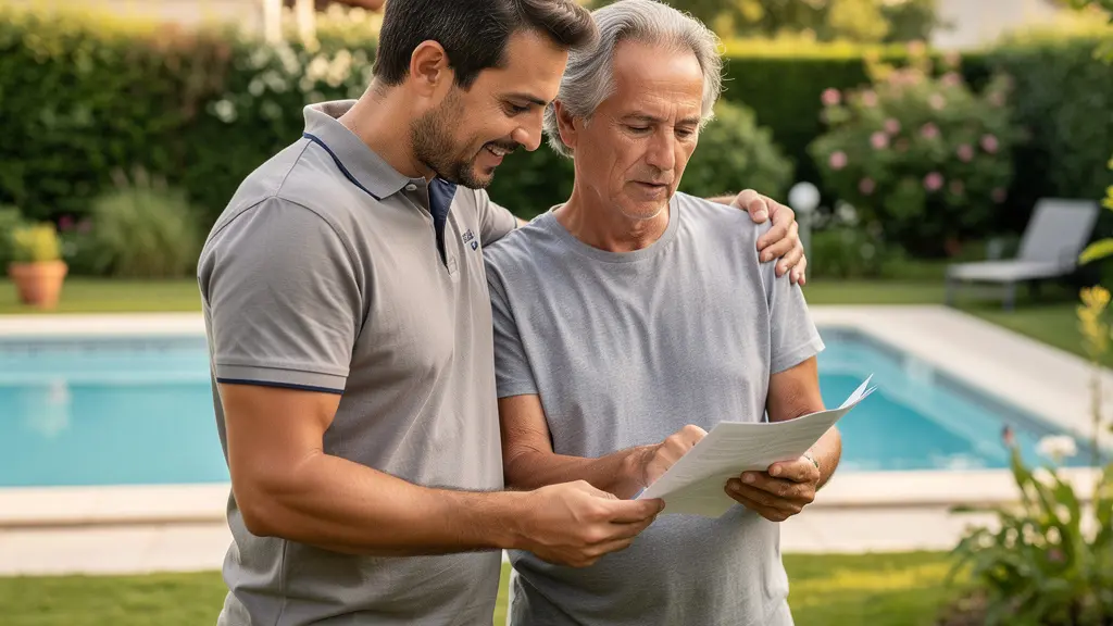 Technicien présentant un rapport d'expertise à un propriétaire devant leur piscine