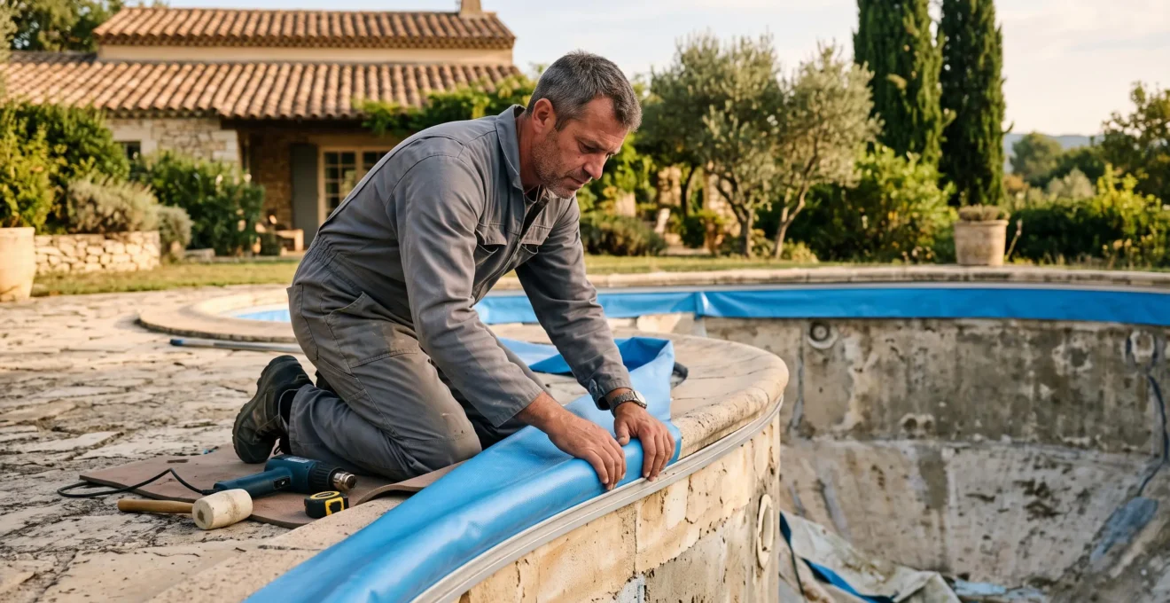 Un artisan accroupi au bord d'une piscine vidée, posant un nouveau liner bleu contre la paroi du bassin dans un jardin provençal.