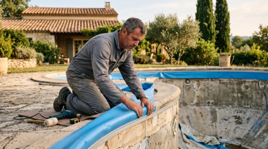 Un artisan accroupi au bord d'une piscine vidée, posant un nouveau liner bleu contre la paroi du bassin dans un jardin provençal.