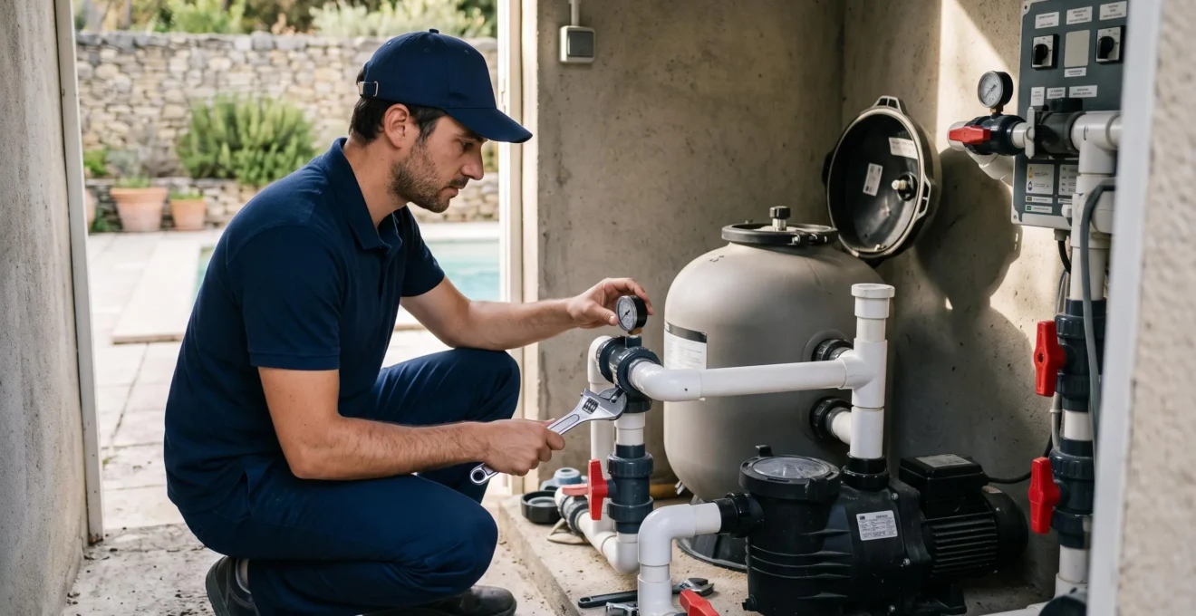 Un technicien accroupi contrôlant le système de filtration d'une piscine dans un local technique, une clé et un manomètre en main.