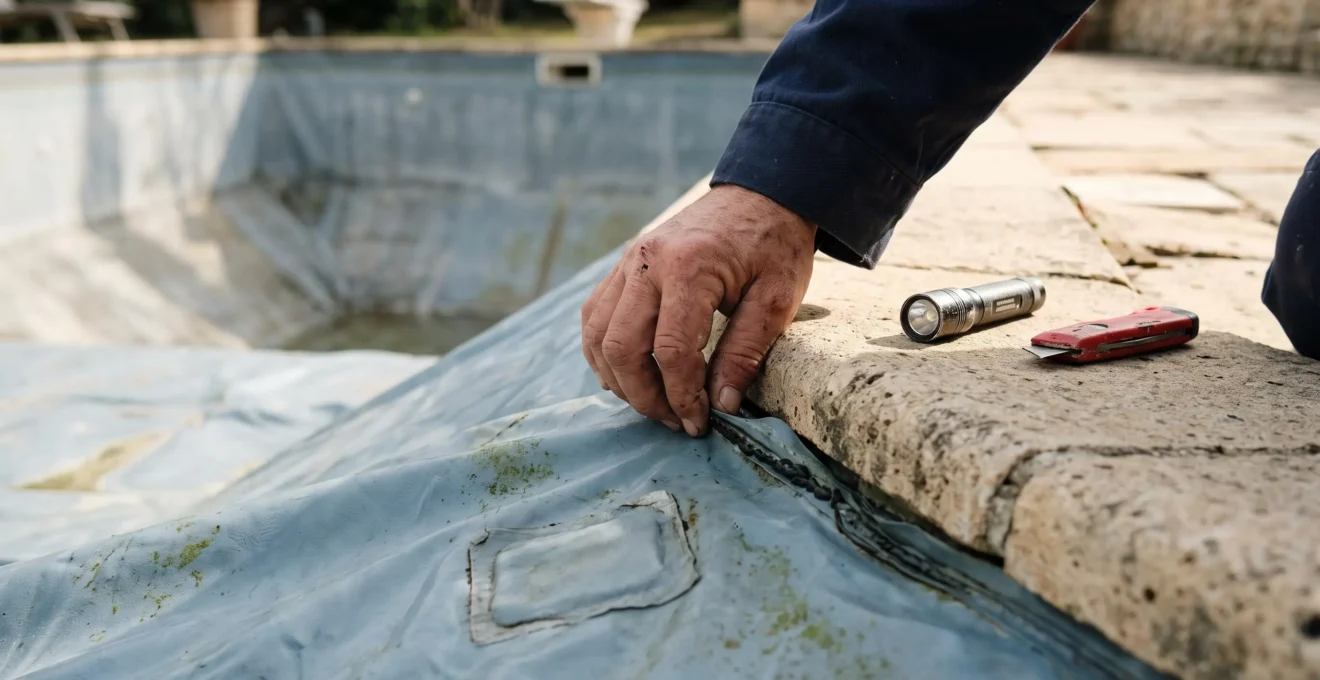 Gros plan sur les mains d'un technicien inspectant un raccord de liner de piscine le long de la margelle.